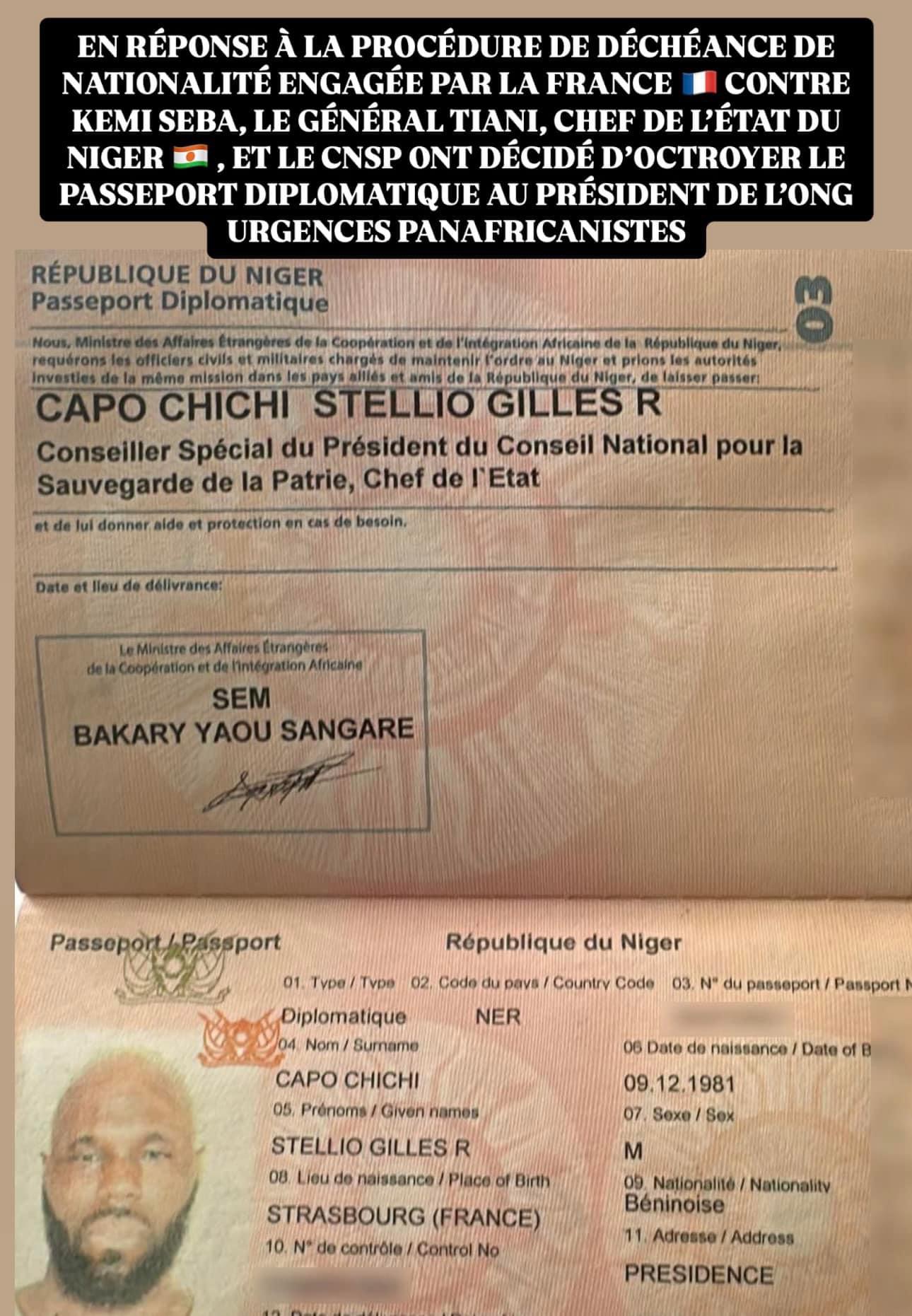 Kemi Seba obtient un nouveau passeport diplomatique